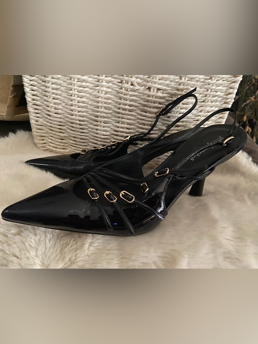 Jeffrey Campbell Patent Leather "Lash" Pointed Toe Slingback Kitten Heels. - Picture 7 of 11